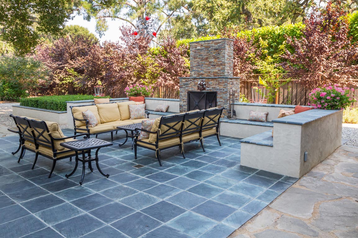 large patio with fireplace